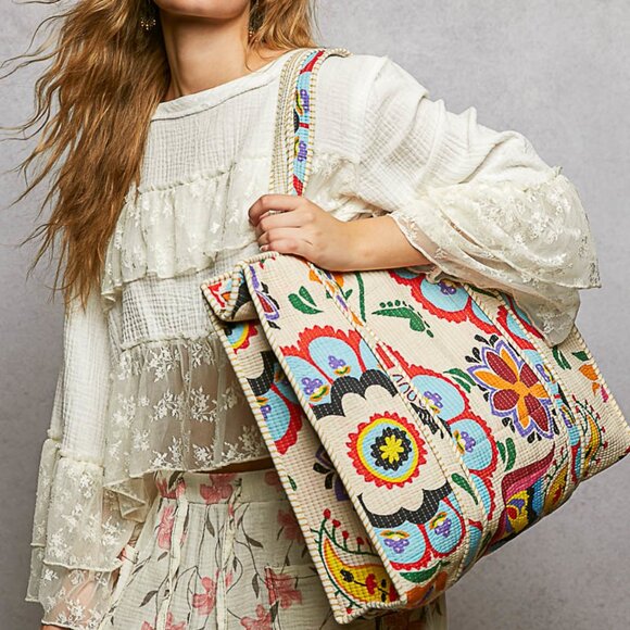POL Cream Kantha quilted patchwork floral embroidered XL boho tote bag - Picture 2 of 4
